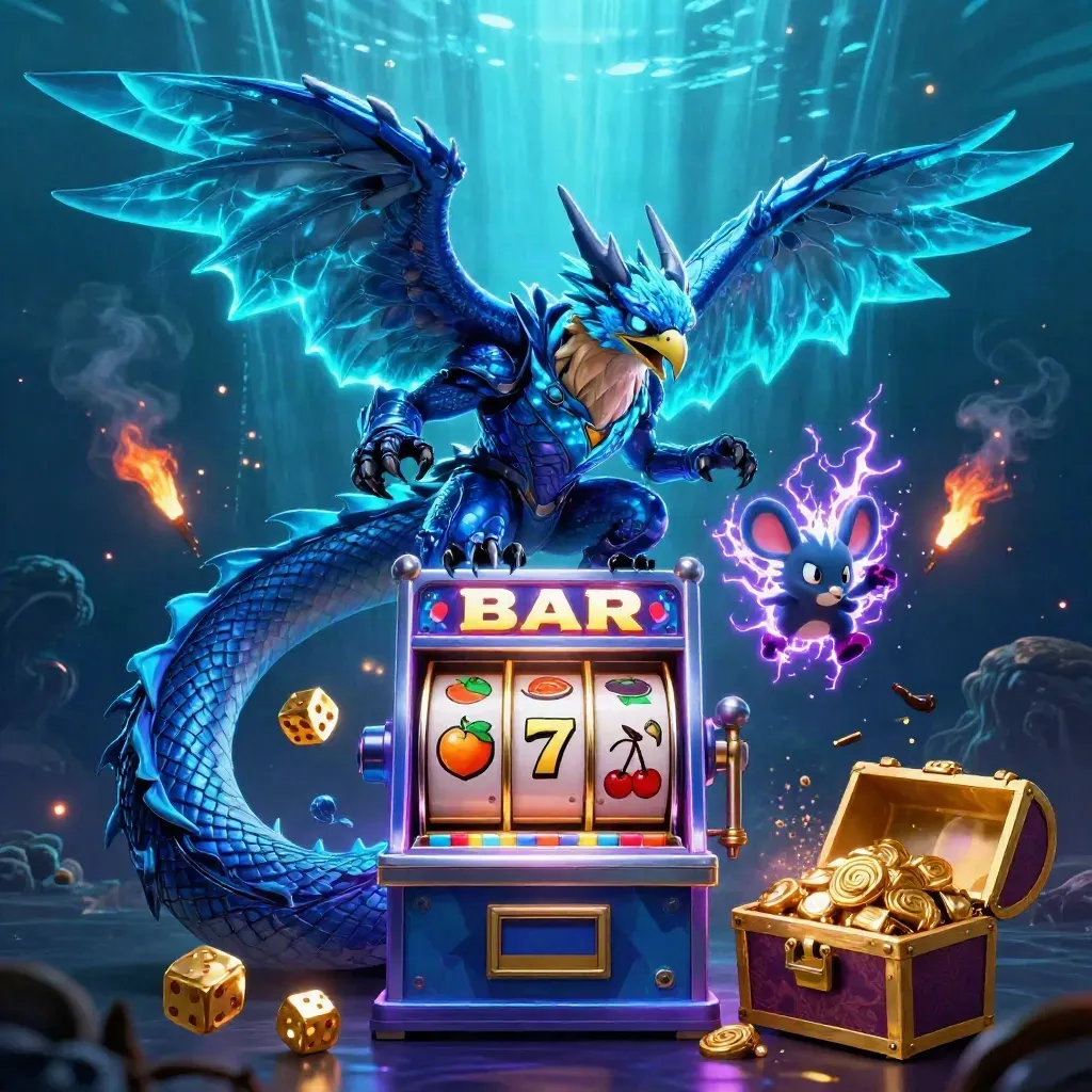 Thunder dragon, wind hawk, and static mouse amid slot reels, jackpot rays, and gold in neon blue glow