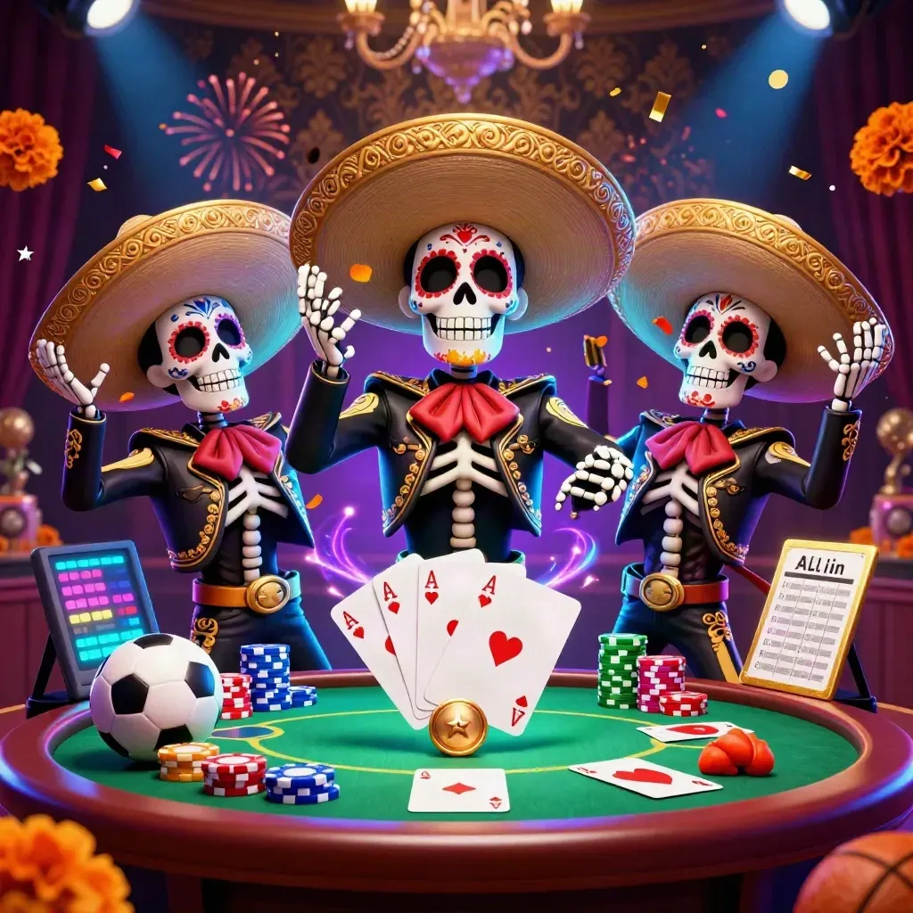 Neon mariachi skeleton trio around poker chips, aces, and casino glow in a dark burgundy scene.