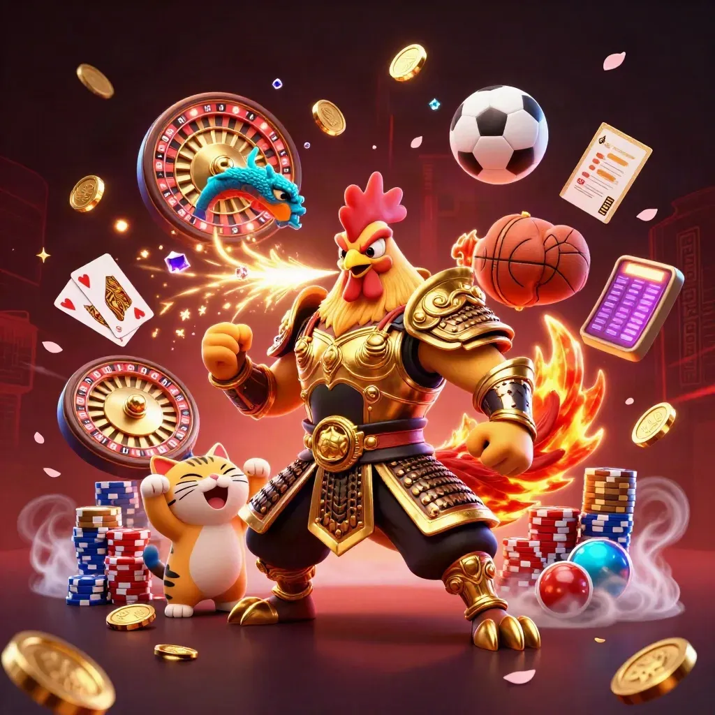 Rooster samurai, spark-breathing dragon hatchling, and cheering fortune-cat amid casino coins and neon glow.