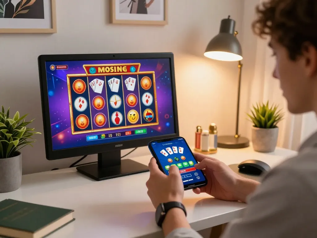 O8 player enjoying engaging mobile gaming experience with smartphone in stylish home office.