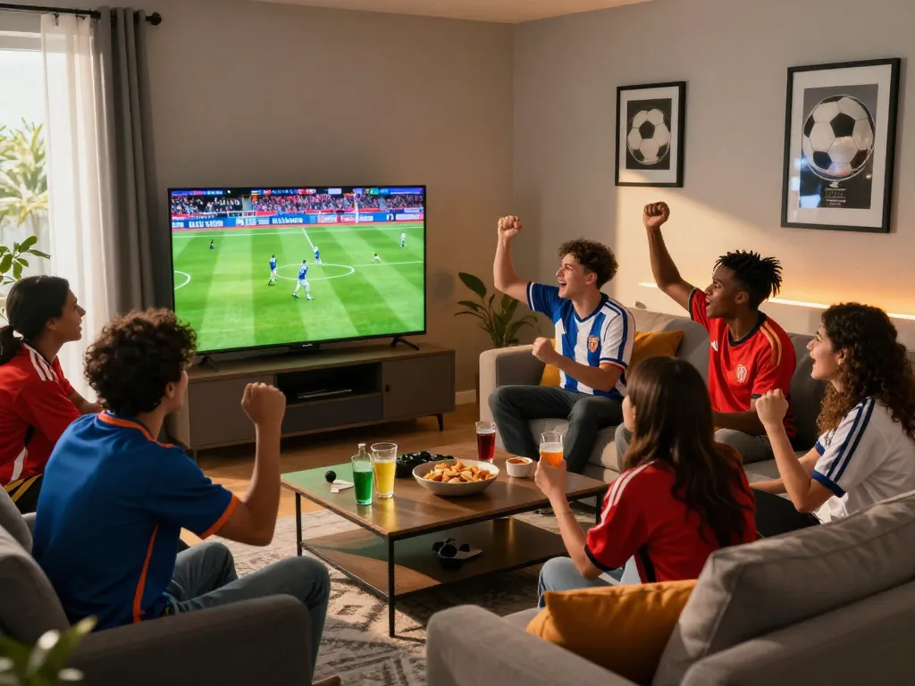 Friends enjoying a football match on LuongSonTV in a vibrant living room setting.