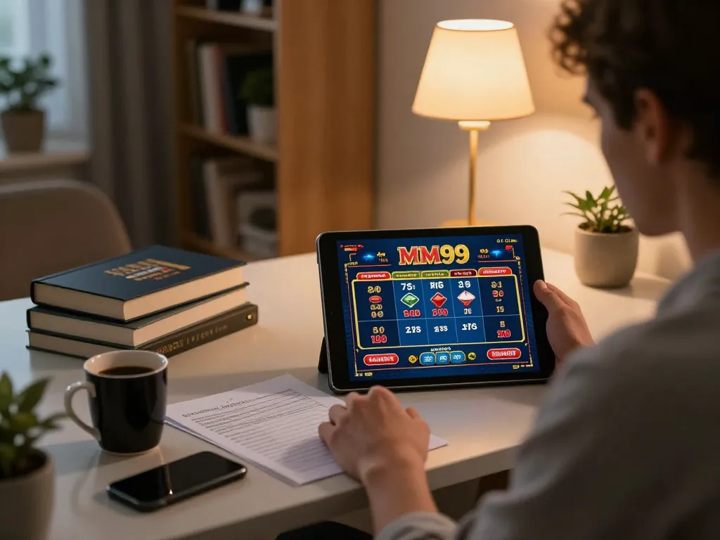 Player engaging with MM99 casino app on tablet in a cozy home setting.