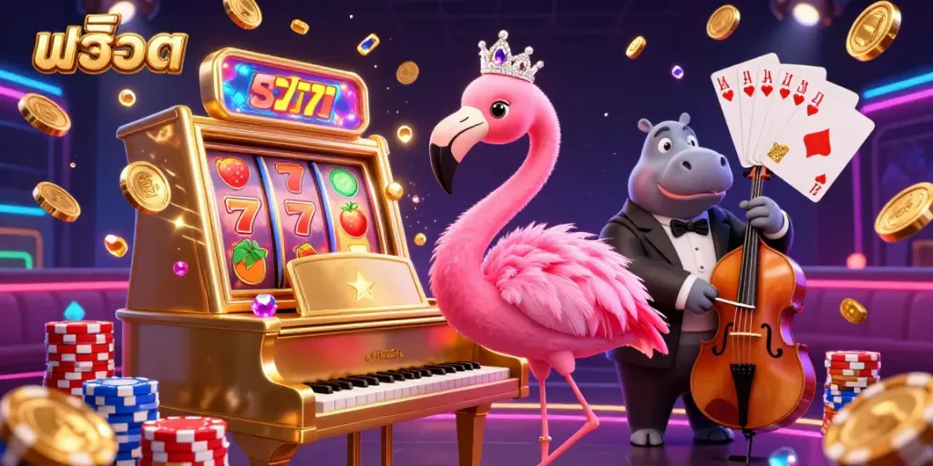 Experience thrilling สล็อต action with a glamorous flamingo singer and cool hippo bassist in an illuminated casino scene.