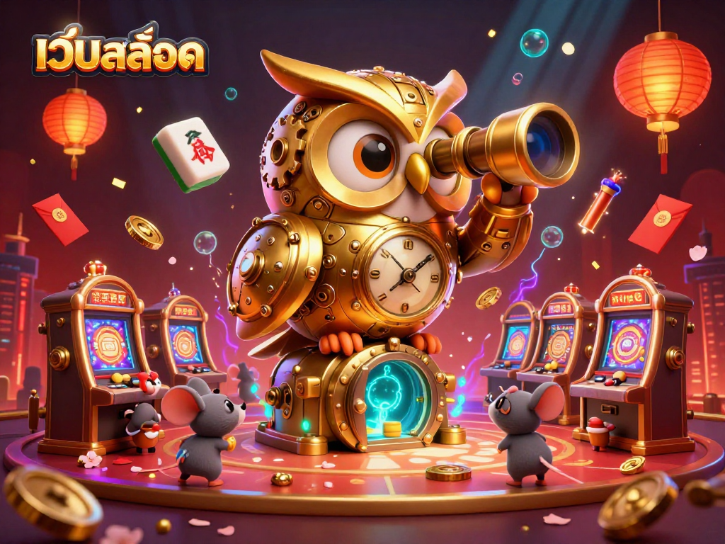 Experience เว็บสล็อต magic with a captivating illustration of a golden clockwork owl in a vibrant casino scene.