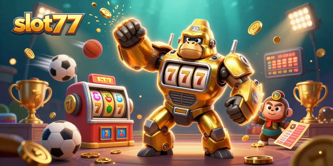Experience thrilling wins with slot777 as a golden gorilla mech launches coins in a vibrant gaming scene.