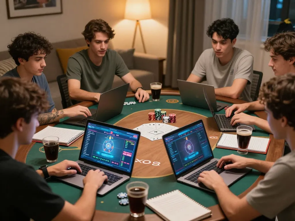 TWIN68 players enjoying an engaging online poker game at home with laptops and strategy notes.