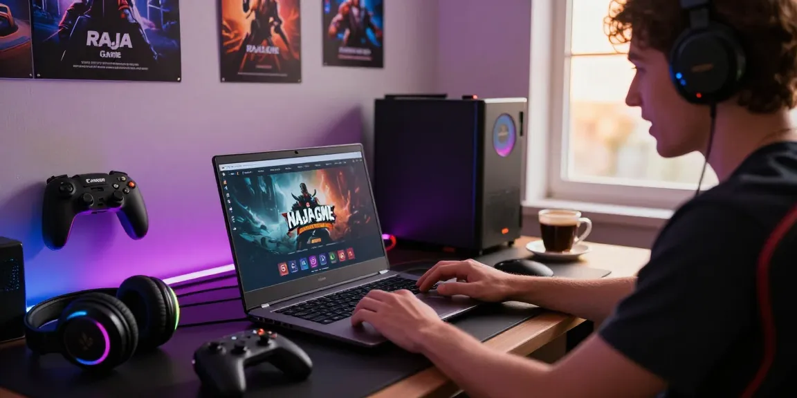 Excited player using Raja Game login on a stylish laptop in a vibrant gaming setup.