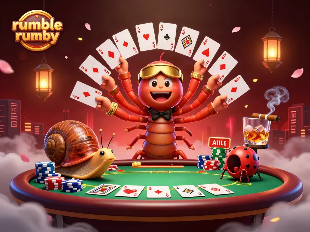 Engage in thrilling gameplay with rumble rummy as the cartoon dealer showcases a hand of cards at a vibrant poker table.
