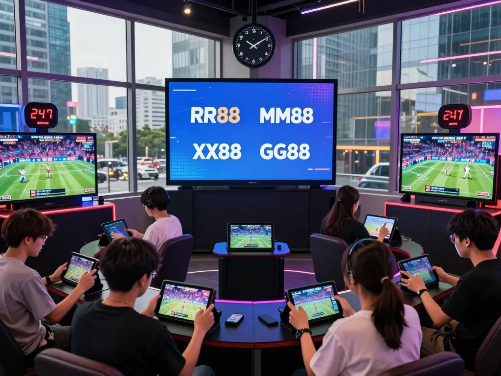 KJC onl dynamic entertainment hub with diverse users engaging in gaming, showcasing brand logos RR88, MM88, XX88, GG88.