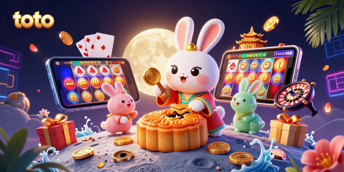 Toto-themed illustration of a moon rabbit revealing poker chips, symbolizing casino excitement.