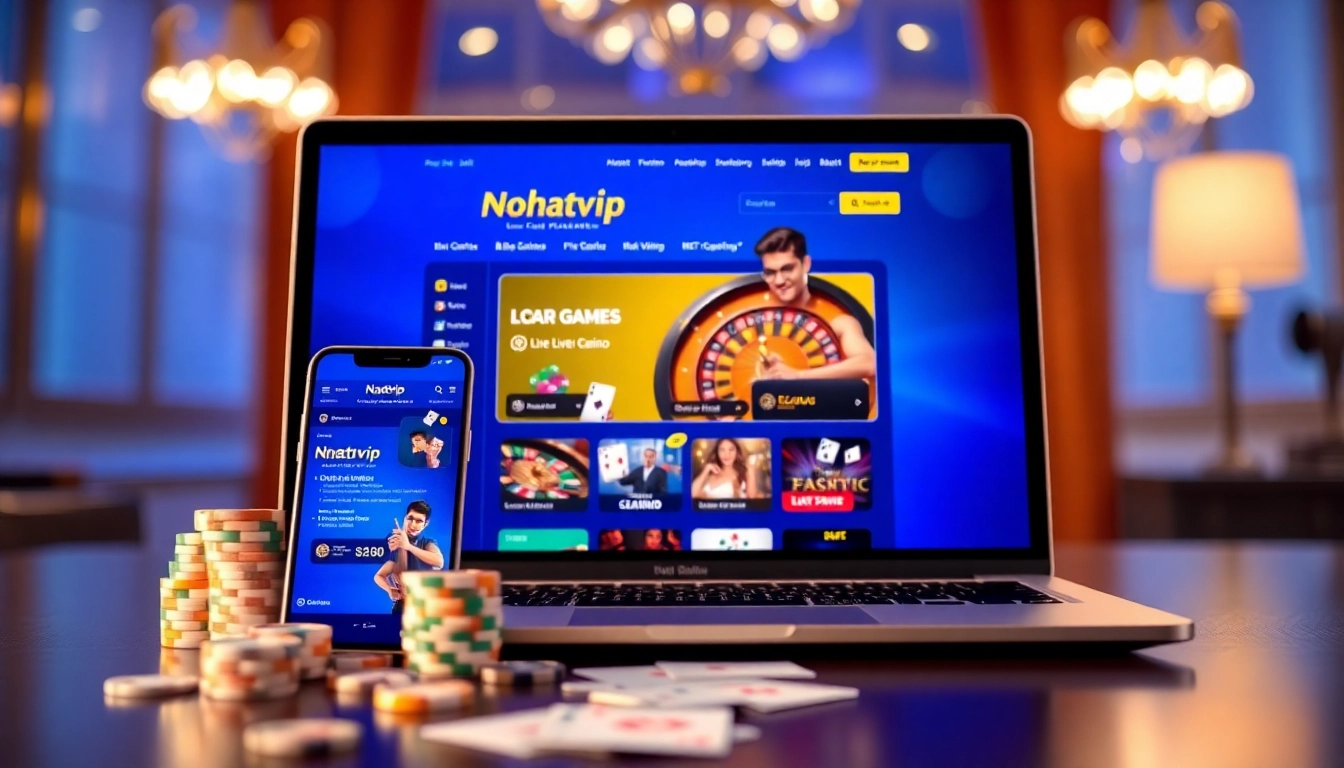 Link đăng nhập Nhatvip on a mobile device and laptop, showcasing online gambling excitement.