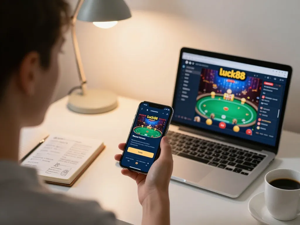 Engaging with luck88 games on a smartphone while strategizing in a cozy home workspace