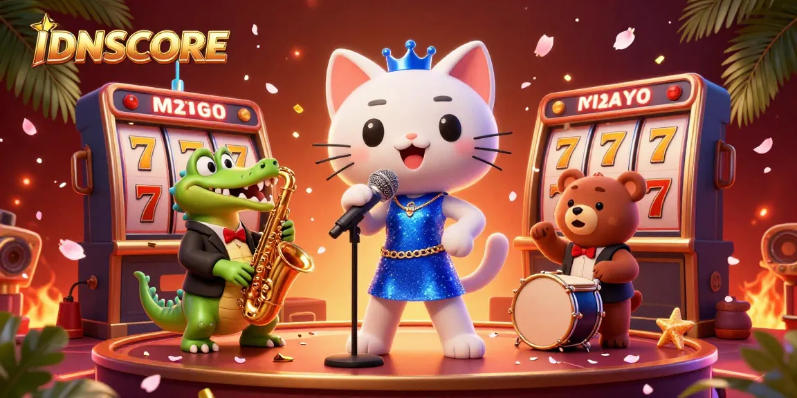 IDNSCORE brings exciting casino vibes alive through a vibrant illustration featuring a jazz-singer cat, crocodile, and bear in a dynamic game setting.