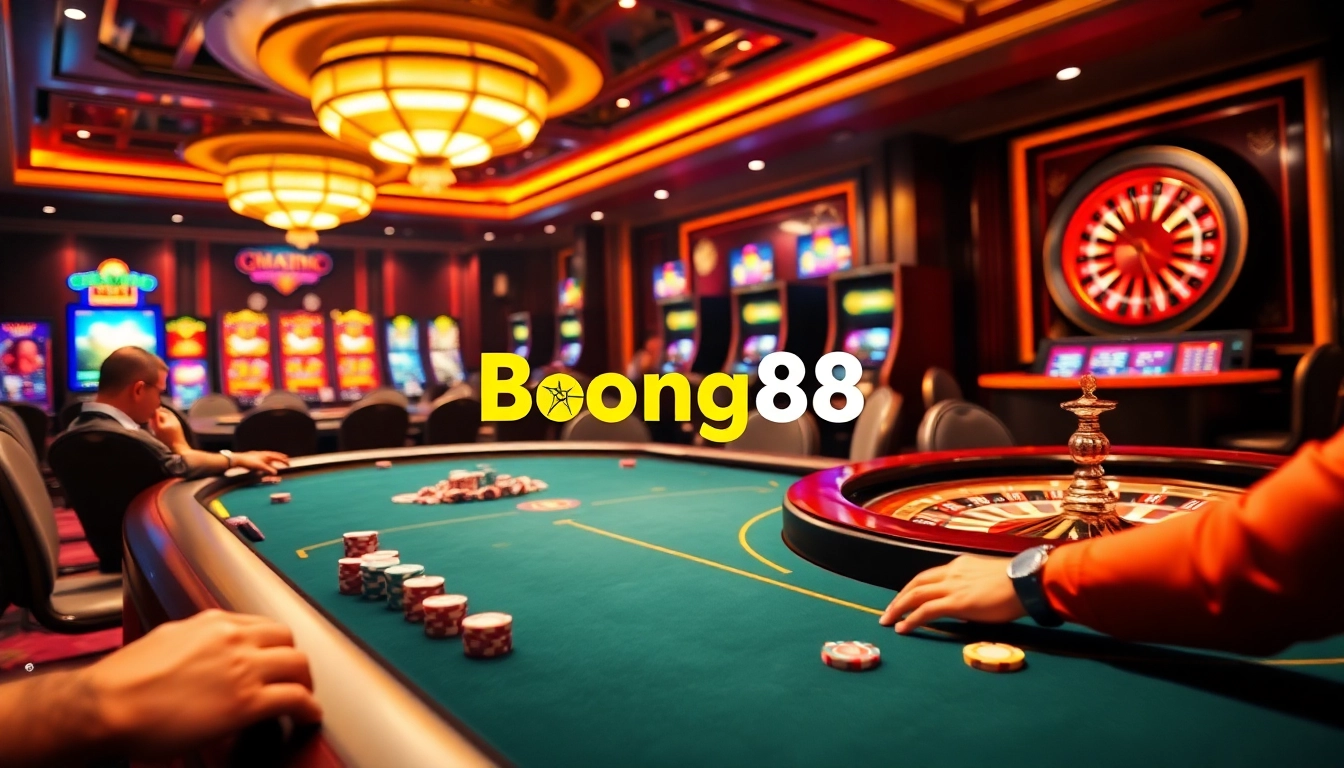 Players enjoying a thrilling poker game at Bong88, surrounded by vibrant casino elements.