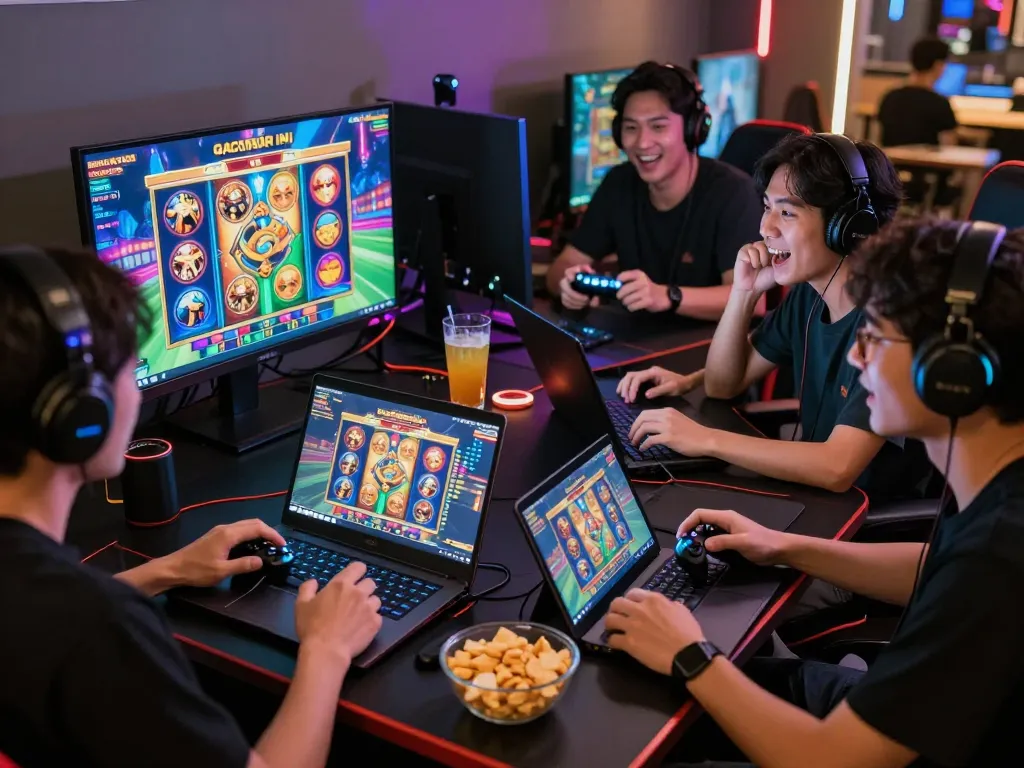 Friends enjoying slot gacor hari ini gaming session with vibrant graphics and modern setup