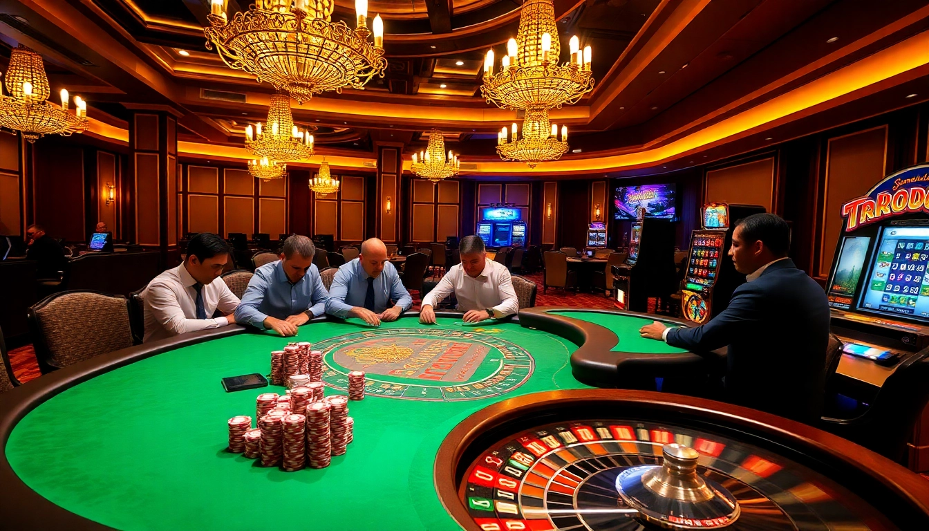 Engaging poker game at sky 88 casino, showcasing strategic play around an elegant table.