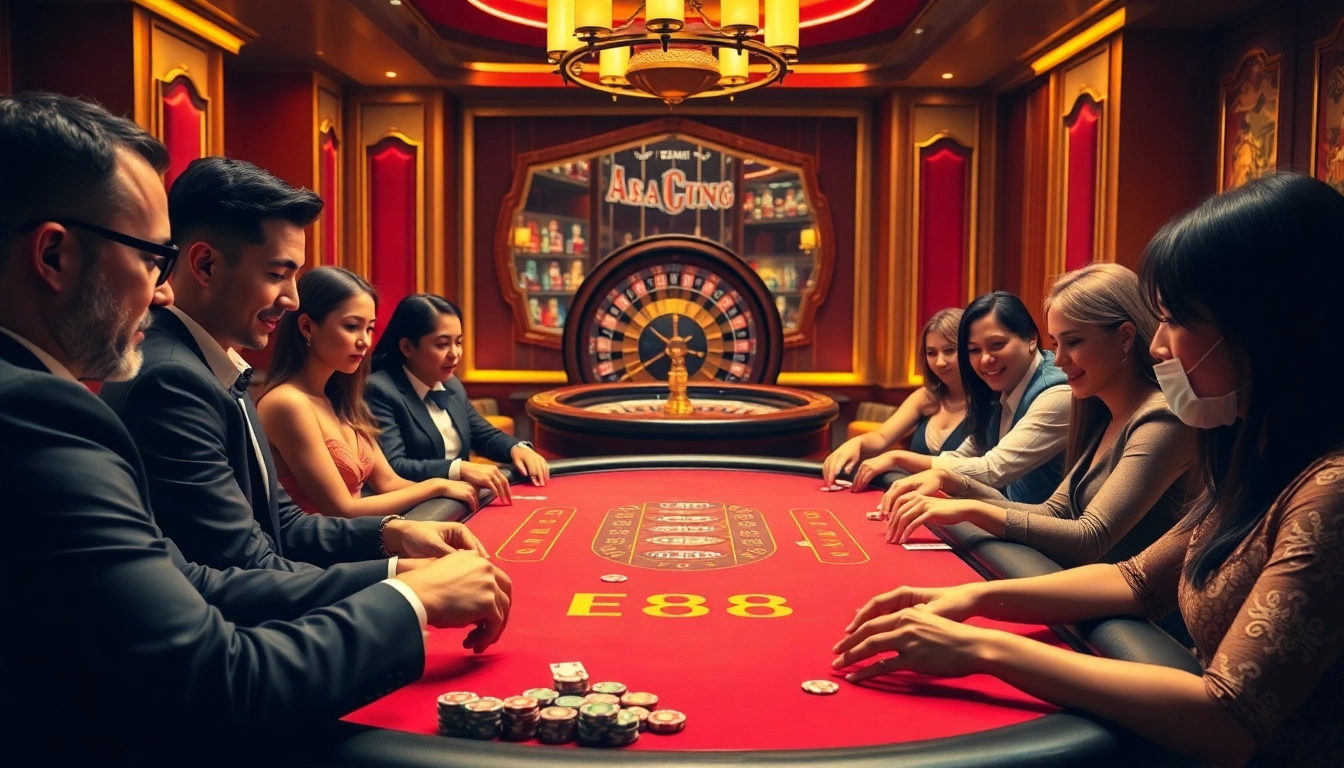 Players enjoy an exciting poker game at the EE88 casino table, showcasing vibrant gambling energy.