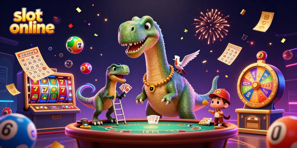 Experience the excitement of slot online with cartoon dinosaurs among vibrant game symbols.