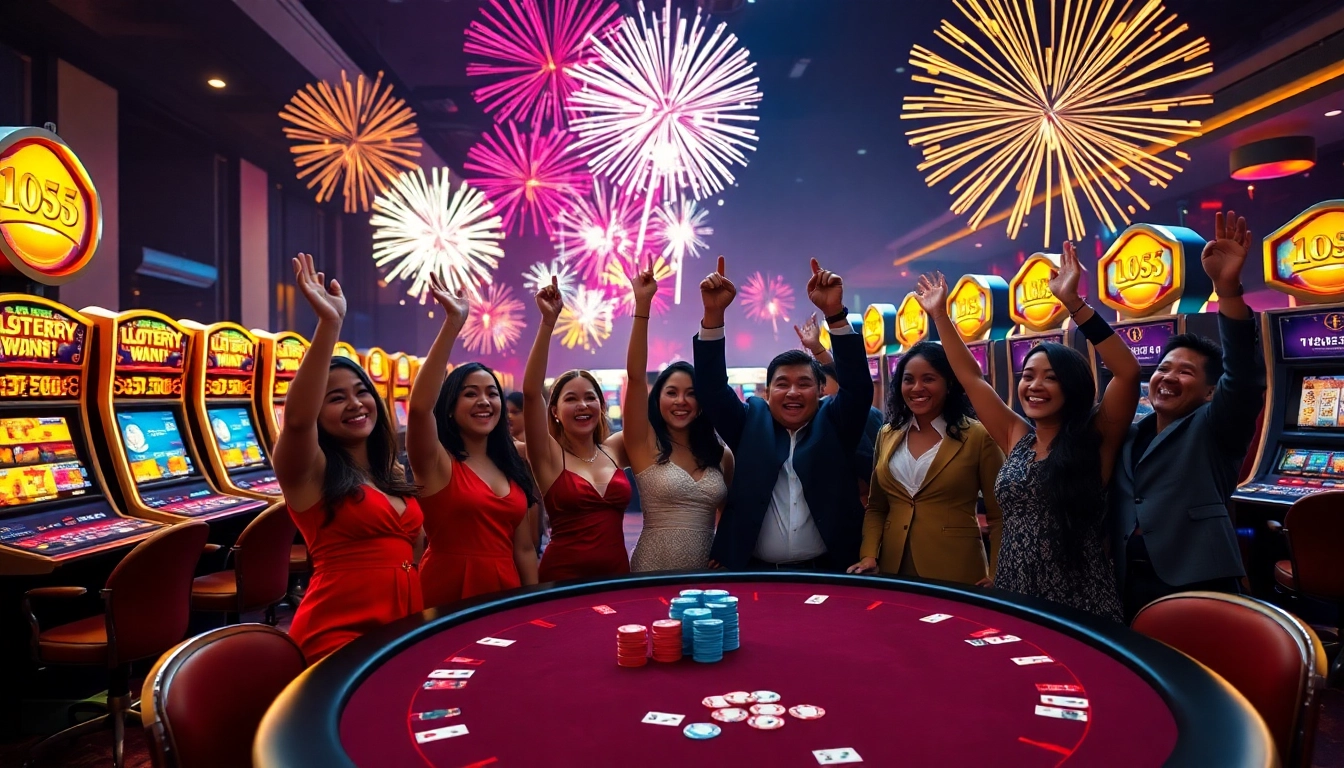 Explosion of a prize-winning lottery celebrated with a vibrant casino gathering and fireworks.