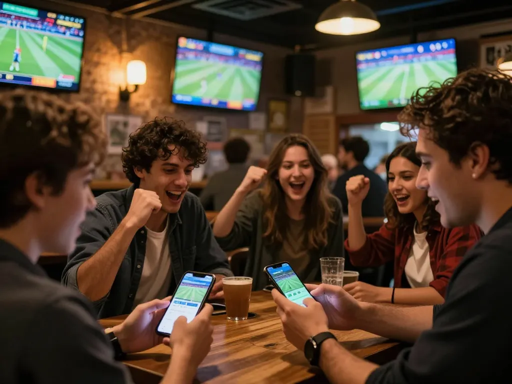 Kèo nhà cái hôm nay being reviewed on smartphone by sports betting enthusiasts at a lively sports bar