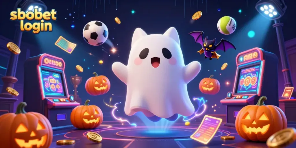 Experience sbobet login with a ghost cat and sports elements in a haunted casino scene.
