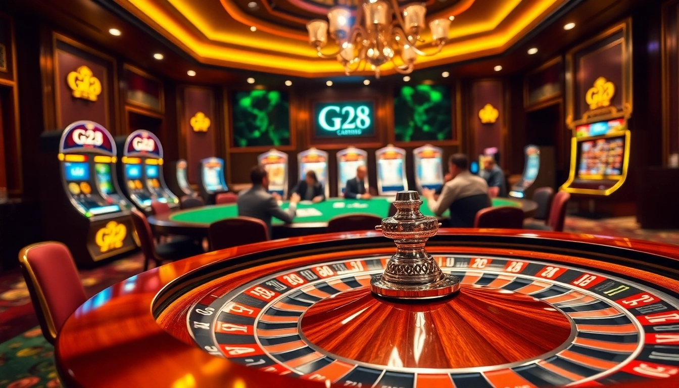 Experience thrilling gameplay at G28's modern casino with vibrant poker tables and dynamic slot machines.