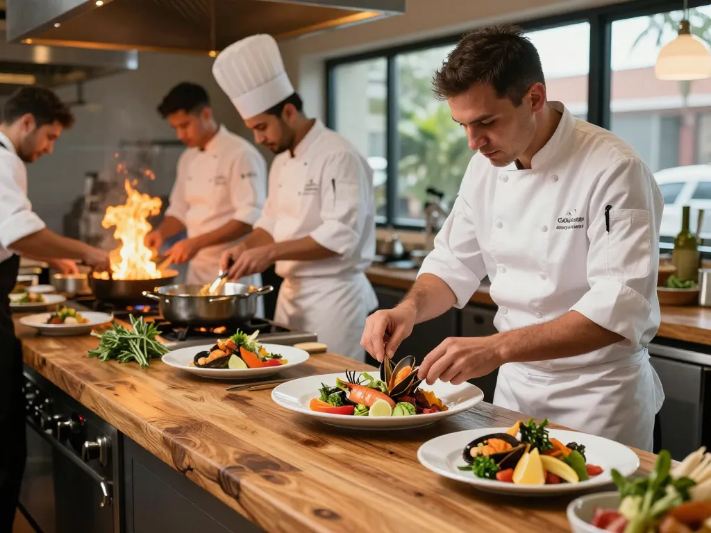 Experience the culinary artistry at https://www.theshackok.com/ with chefs preparing fresh seafood dishes in a vibrant kitchen.