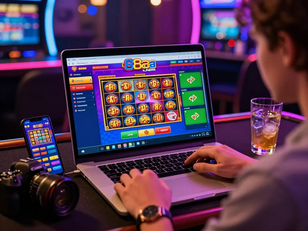 Engaging user experiencing online gaming at 88aa com in a vibrant casino atmosphere, showcasing dynamic game graphics and modern technology.