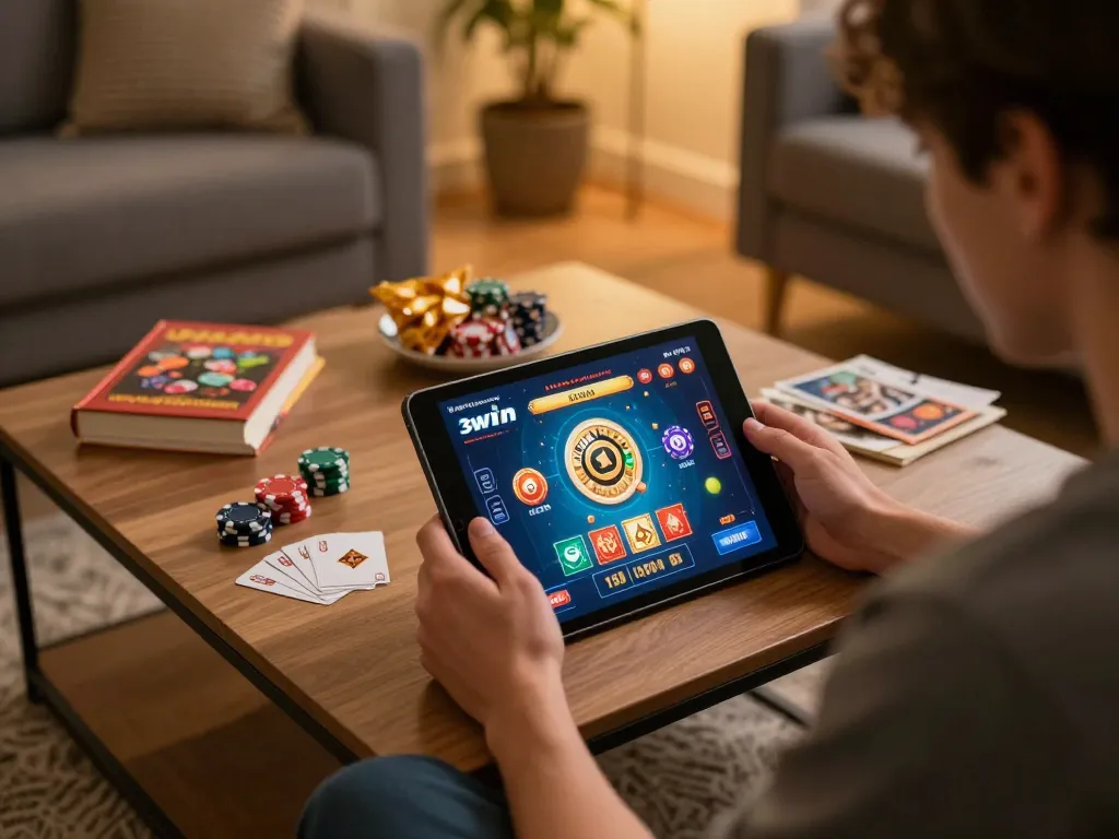 Engaging gameplay at 3win casino app showcasing online poker action on a cozy setup