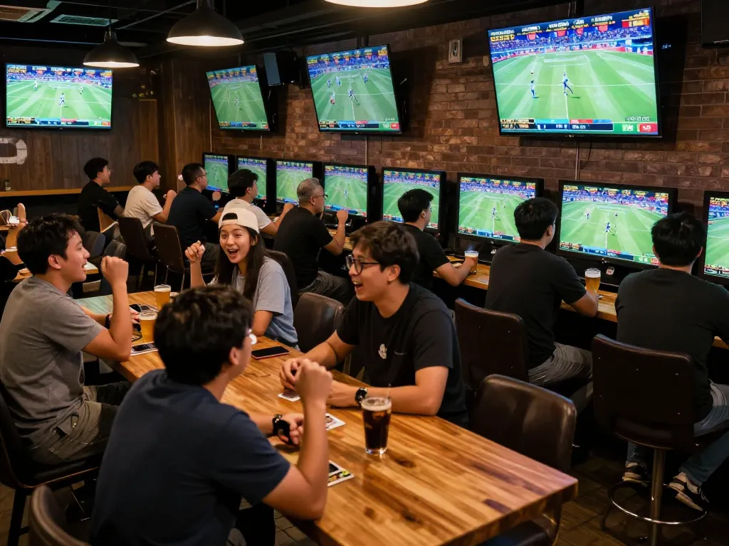 Engaged fans betting on sports at a lively bar featuring 7meter Judi Bola.