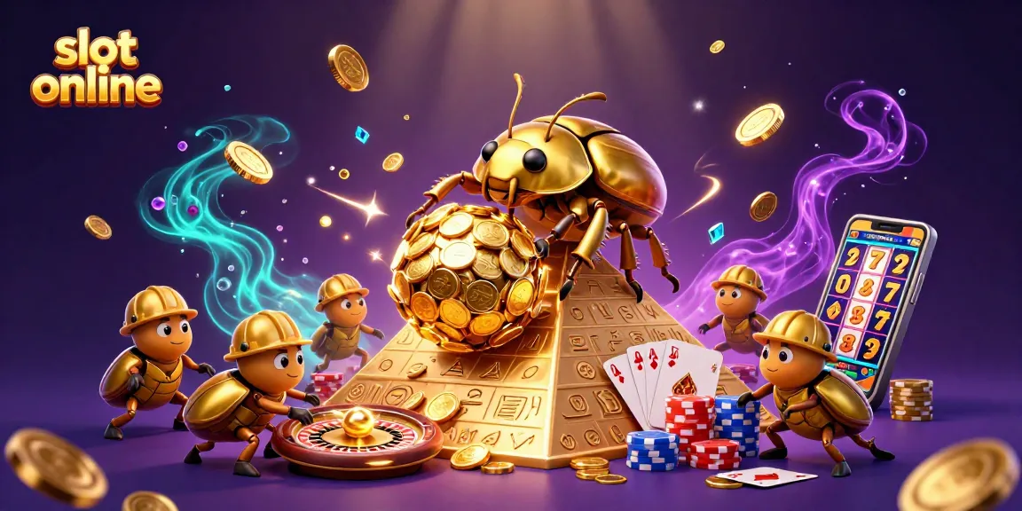 Engage with the thrilling slot online experience featuring vibrant golden coins and a dynamic beetle scene.