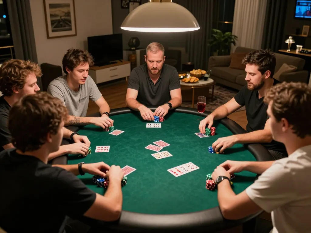 Engaged friends playing poker at home, showcasing nhà cái uy tín Qh88 atmosphere and vibrant gameplay.