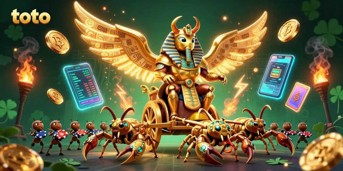 Engage in thrilling toto gaming with a golden scarab and scorpions amidst vibrant casino elements.
