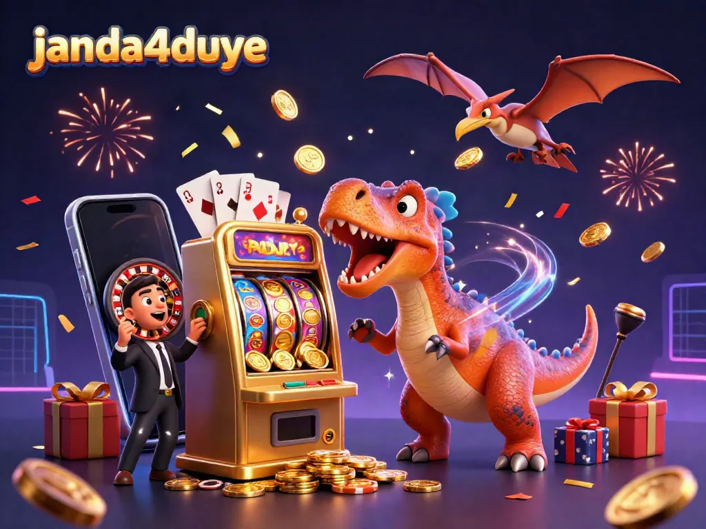 janda4duye merayakan kemenangan jackpot saat bermain game slot dengan karakter dinosaur, uang koin terbang di sekitar