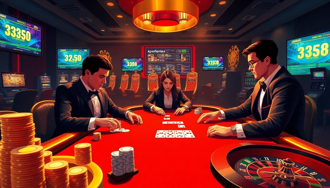 Experience the excitement of online gaming at 33win68 with vibrant casino tables and glowing slot machines.