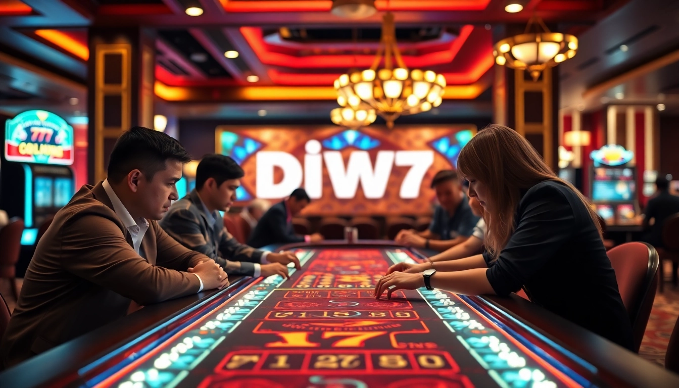 Dramatic view of players at a Diwa 777 gaming table, immersed in casino excitement.