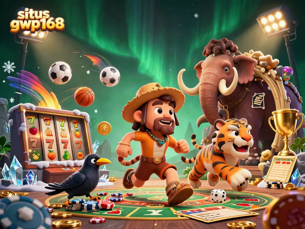 Permainan kasino seru di situs gwp168 dengan simbol slot, dadu, dan kartu bertaburan di sekitar.