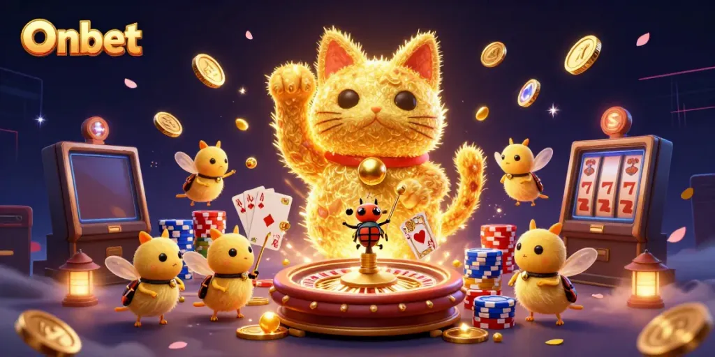 Engage with Onbet's vibrant gambling adventures featuring a lucky cat and stunning casino visuals.