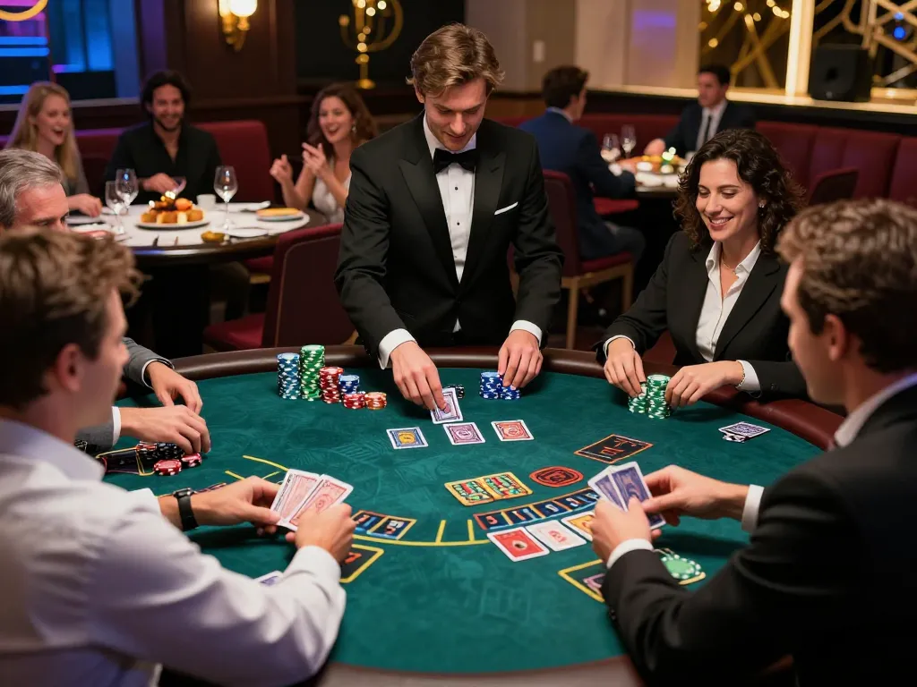 Players at the blackjack table enjoying an engaging HM88 gaming experience amid vibrant casino atmosphere.