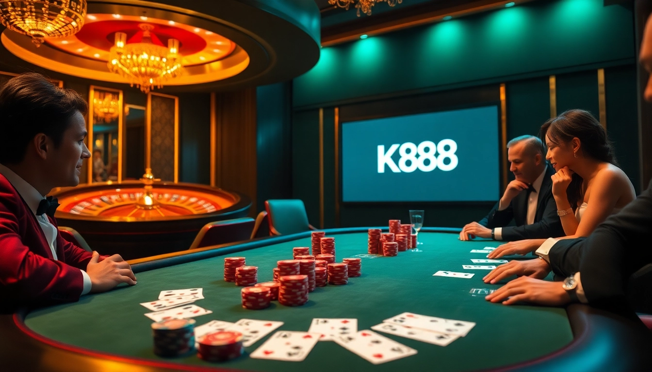 K88 casino scene featuring players at a high-stakes poker table, vibrant chips, and elegant lighting.