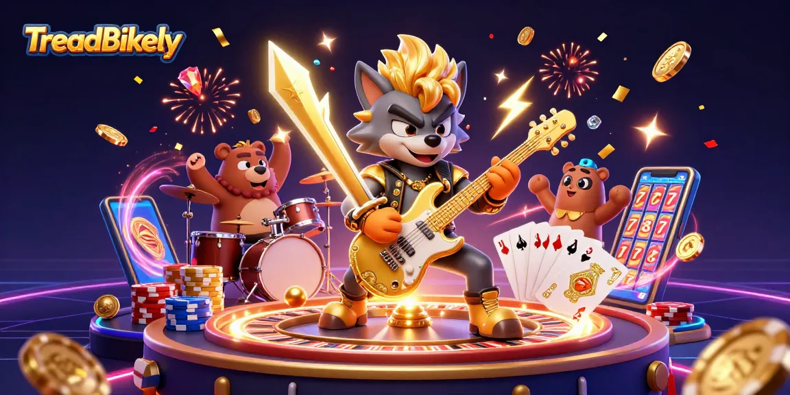 TreadBikely showcases a lively casino scene with a rock star wolf and drummer bear amidst dazzling game elements.