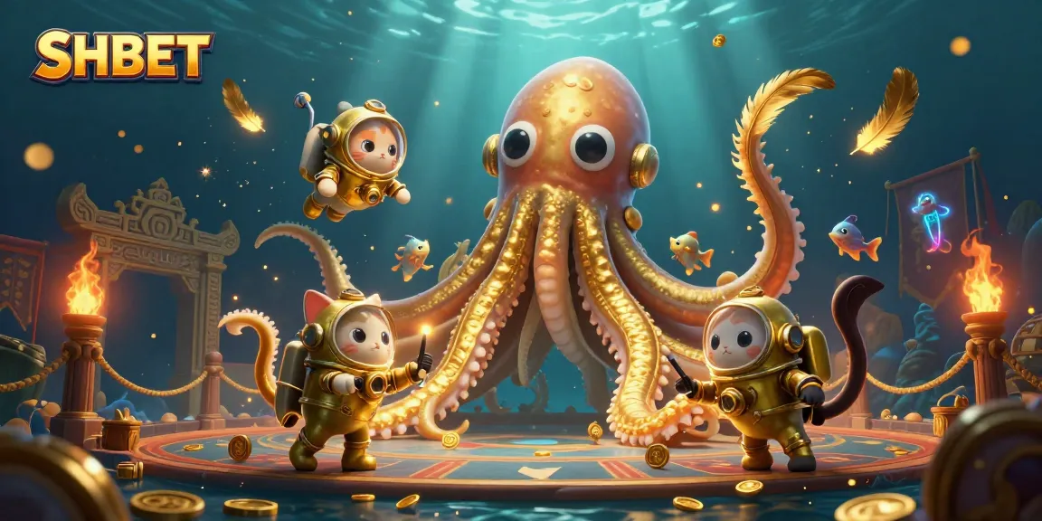 Experience SHBET's thrilling casino adventures with a vibrant kraken and diving cat illustration.