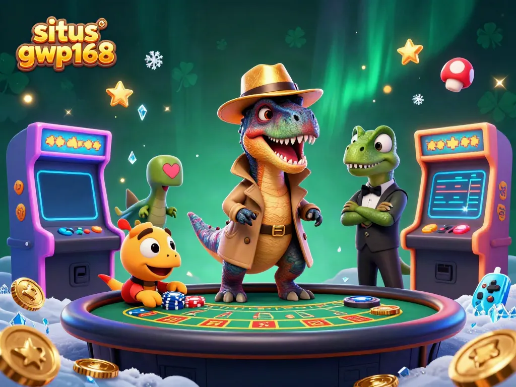 Gambar situs gwp168 dengan velociraptor dan stegosaurus di meja blackjack, penuh energi kasino