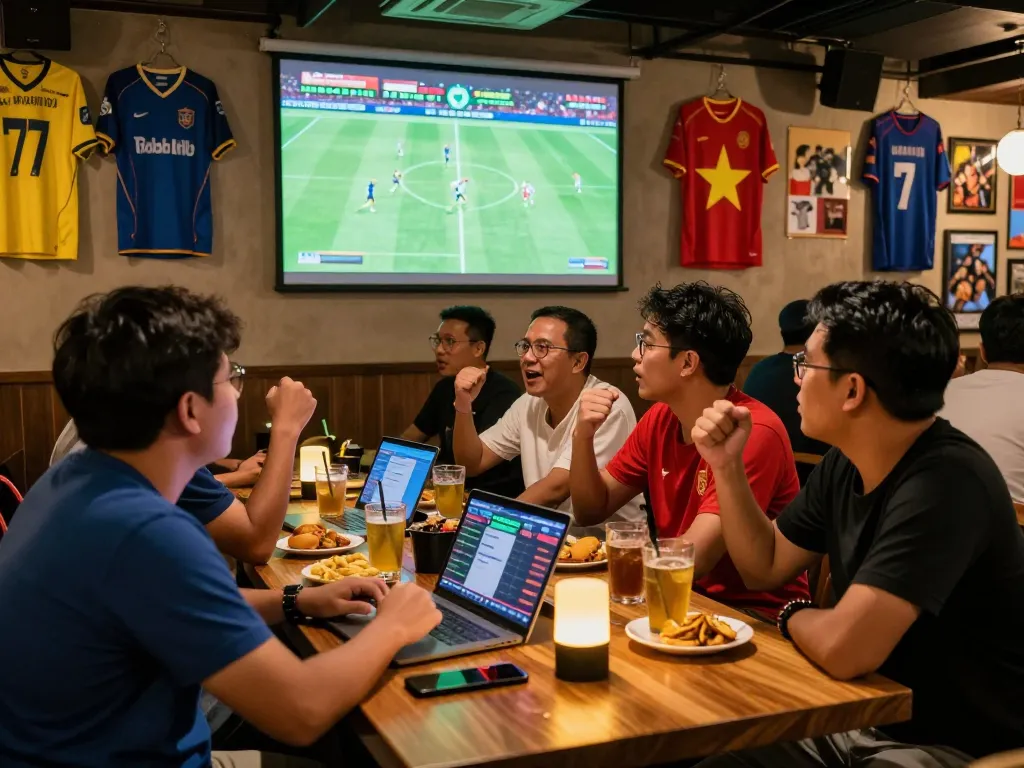 Soi kèo v league enthusiasts enjoying a lively football match at a sports bar.