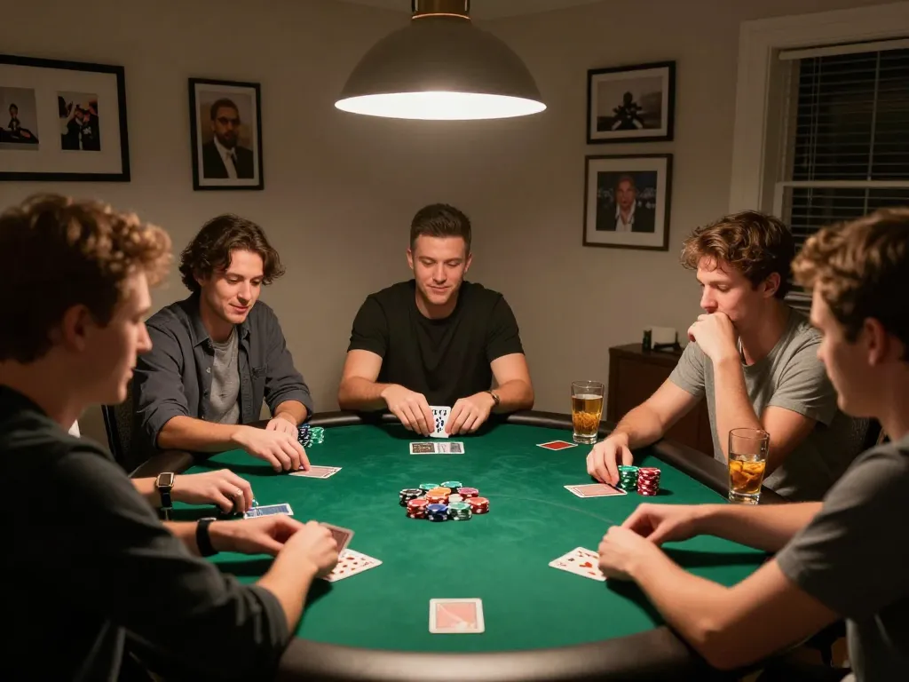 Enjoying a friendly poker game night at home with friends using a credit card casino for betting.