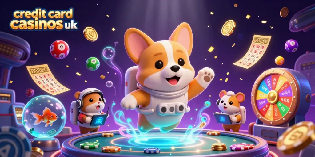 Play exciting games at credit card casinos uk with a floating corgi astronaut and vibrant casino elements.