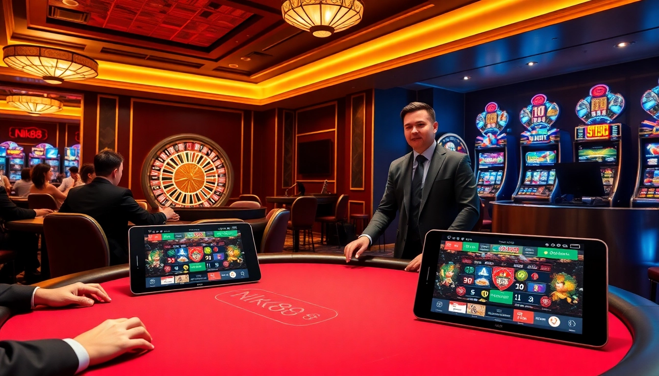Engaging scene of players winning at nk88 casino table games amidst vibrant slot machines.