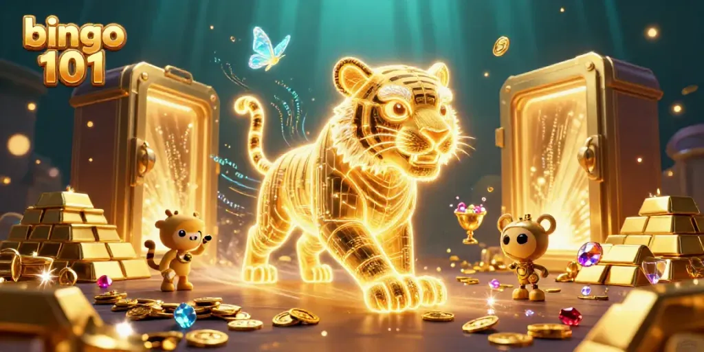 Engage in lively Bingo 101 gameplay surrounded by vibrant digital treasures, led by a glowing tiger.