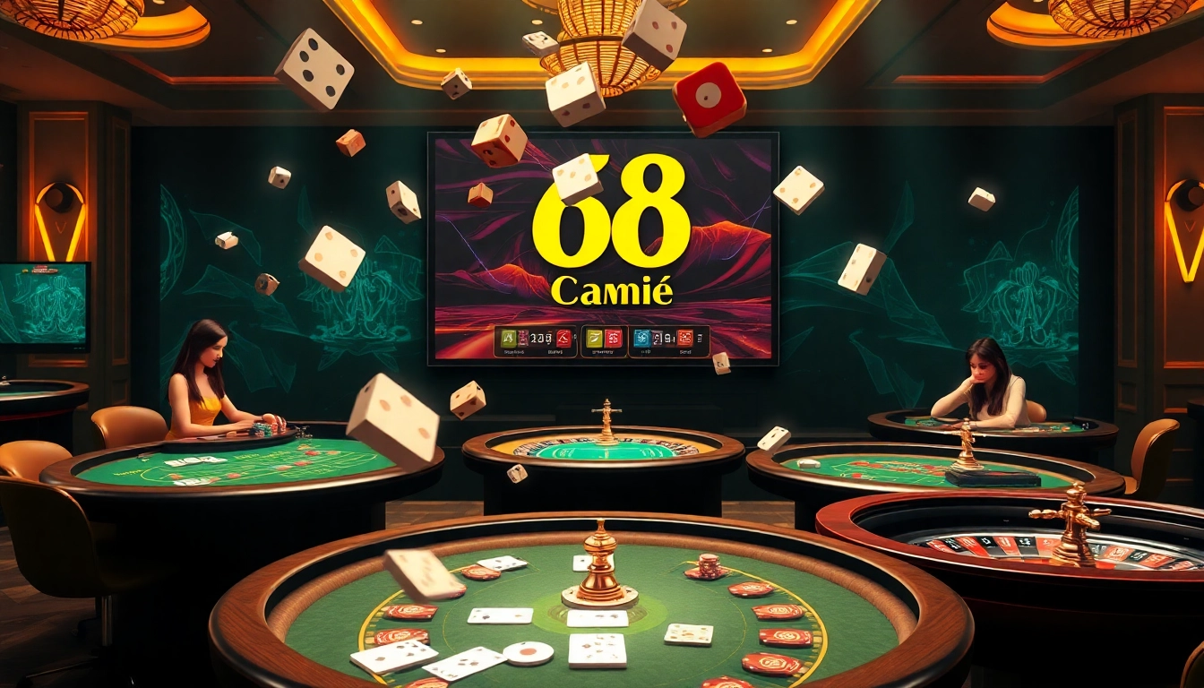 High-energy gambling scene featuring 68 Game Bài with players at tables and engaging gameplay.