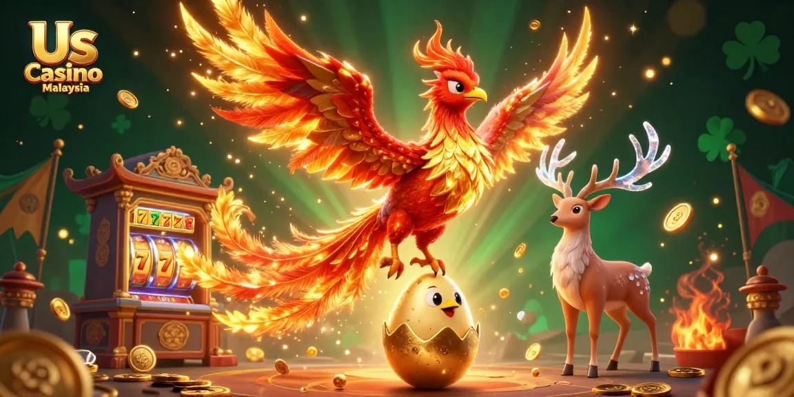 Experience vibrant gaming at Us Casino Malaysia with animated elements and golden motifs.